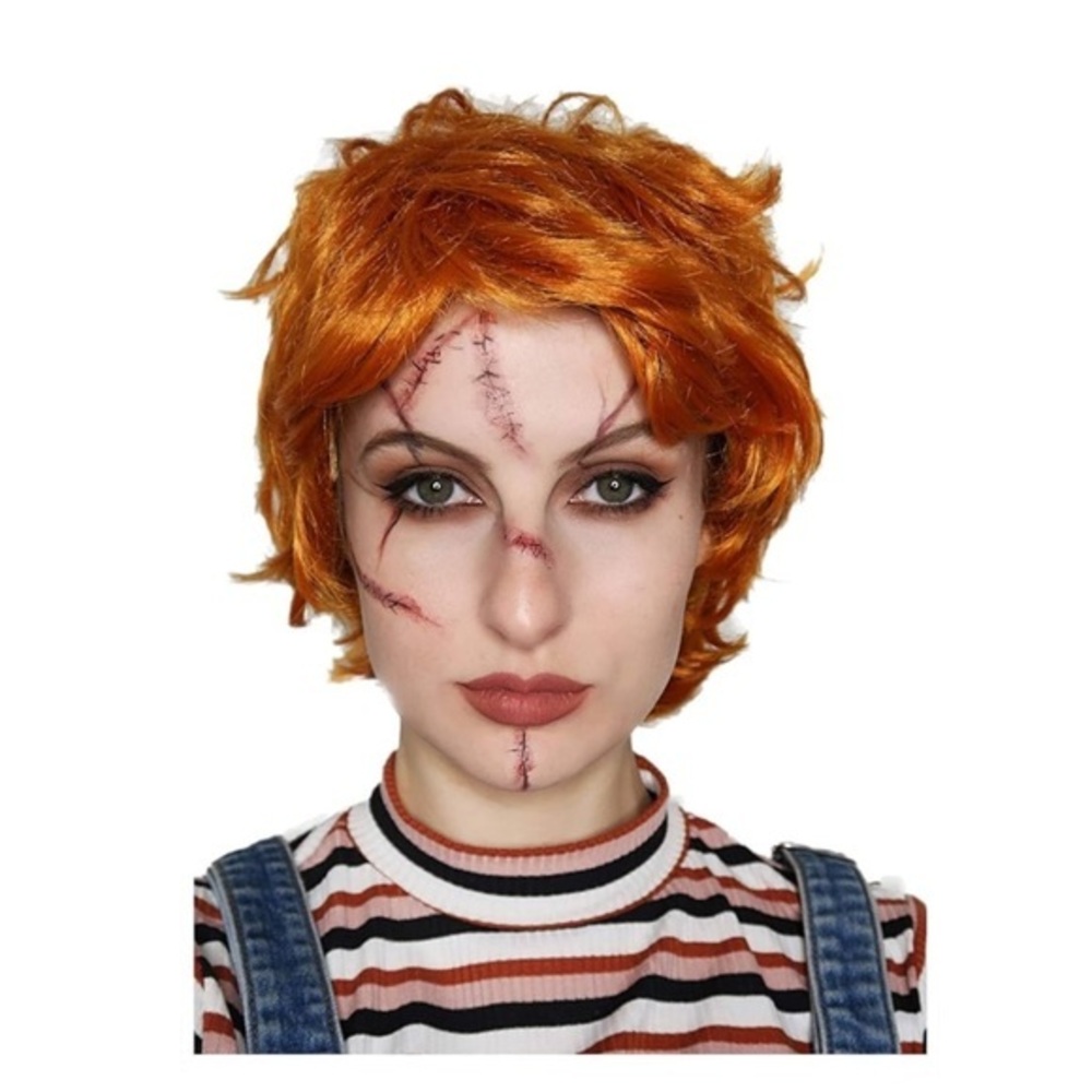 ALLAURA Evil Killer Doll Wig Orange Halloween Wig - Includes Scar Tattoos